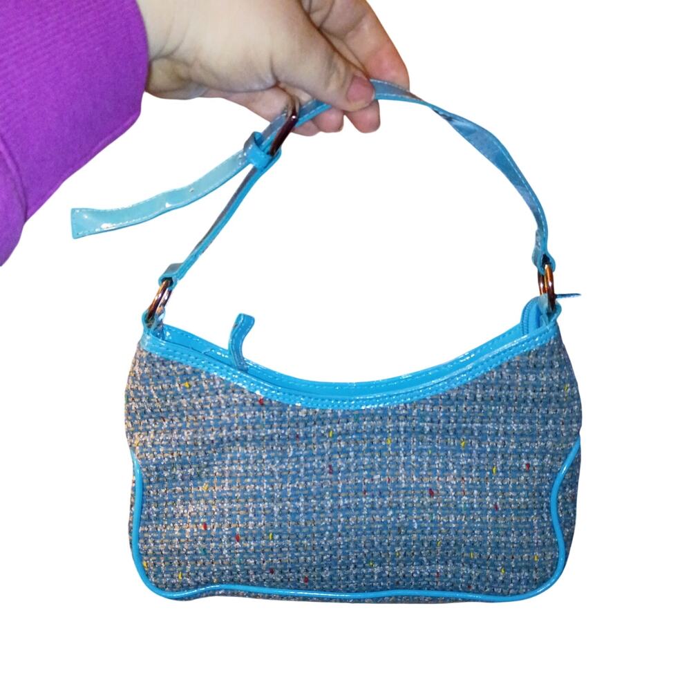 Small Blue Tweed 90's Y2k Shoulder Bag with Patent Faux Leather Accent